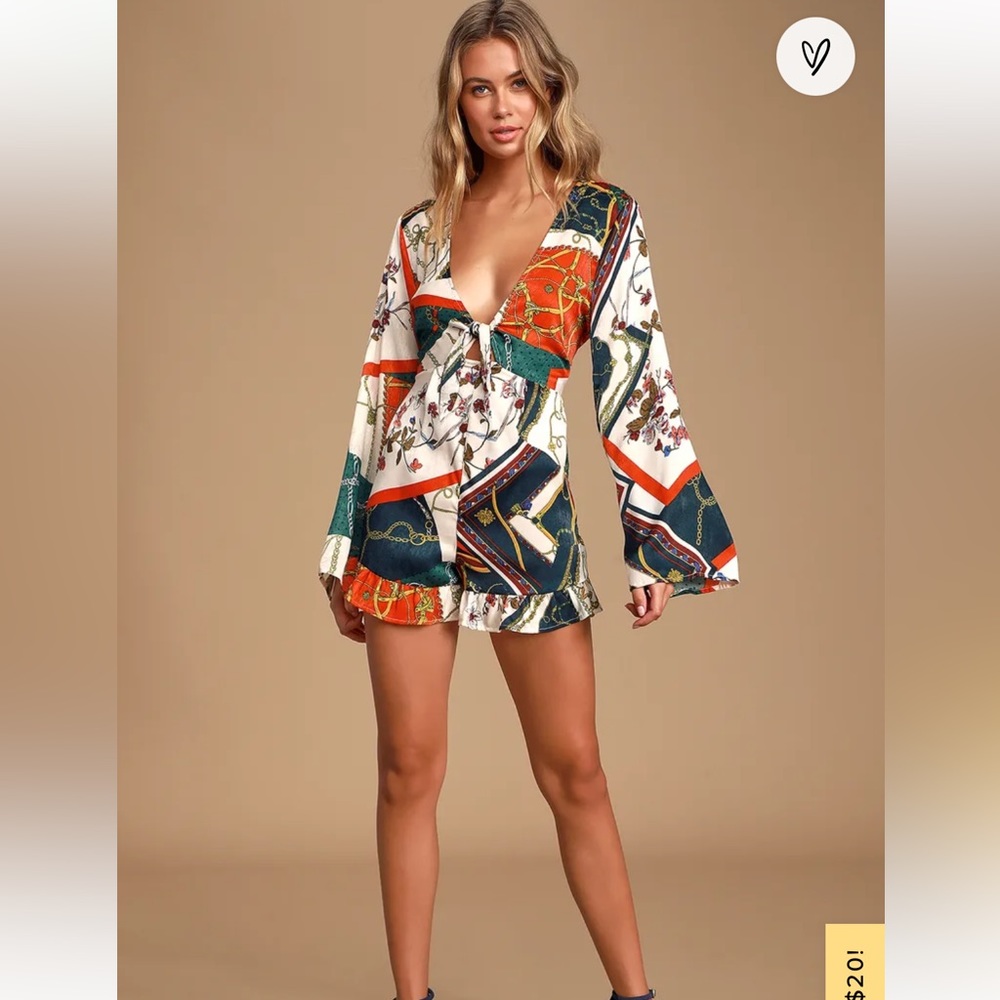 Lulu’s Never Letting Go White Scarf Print Tie-Front Bell Sleeve Romper